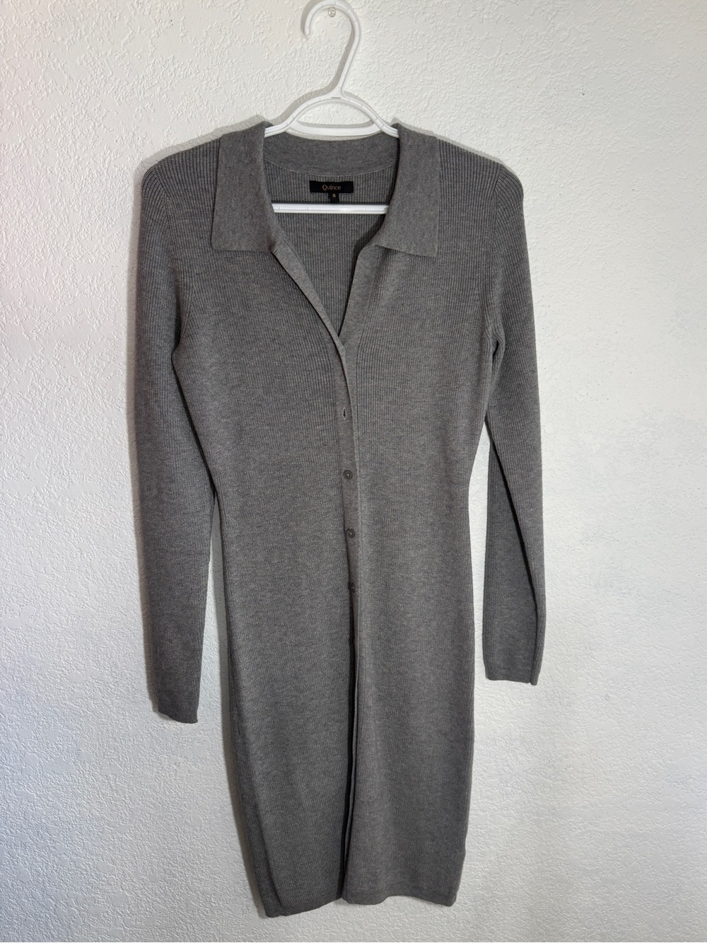 Quince‎ Ribbed Eco Knit Sweater Dress in Heather Grey Button Front Collared